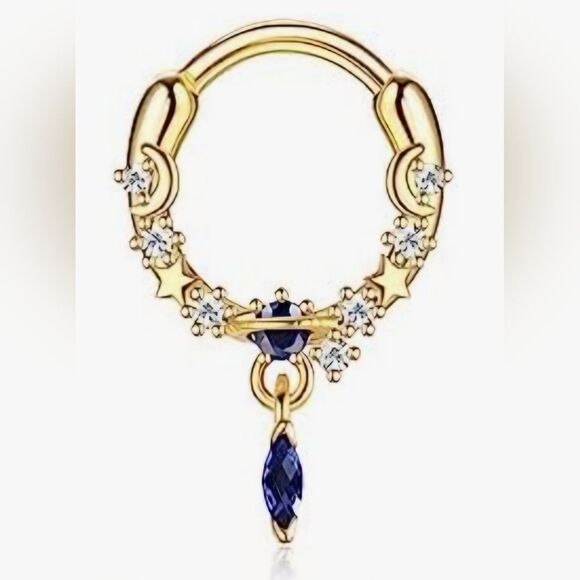 Jewelry - Gold Tone Stainless Steel Moon & Stars Blue &  CZ Septum Clicker Nose Ring